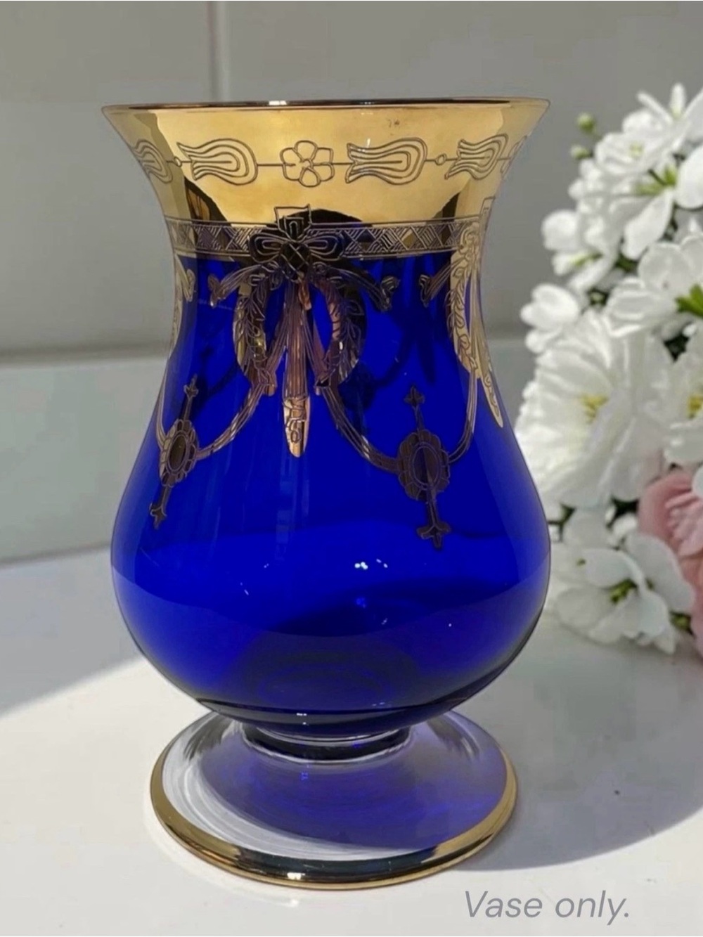 Vintage Cobalt Blue Glass Vase Gold Gilt Medici Style 9” | Hollywood Regency
